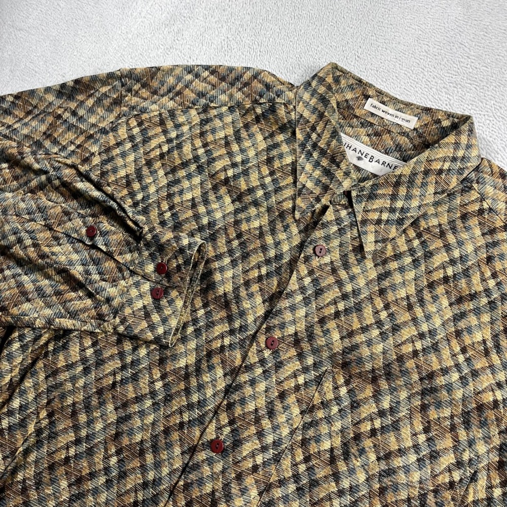 Jhane Barnes Mens XL Brown Geometric Woven Cotton Button Up Shirt Japan Fabric